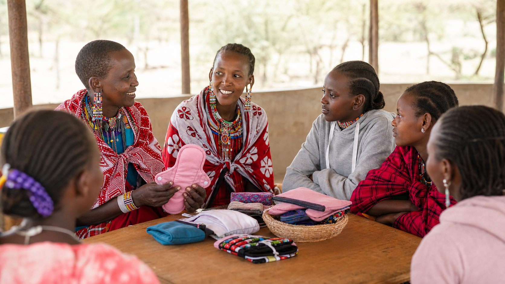 Women and girls discussing menstrual dignity support with reusable care supplies